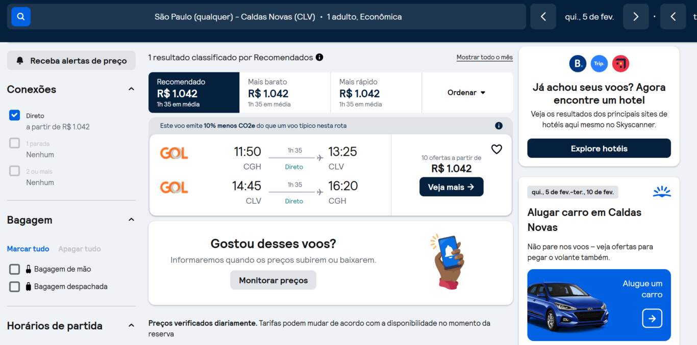 Preço dos voos no comparador de passagens aéreas - Caldas Novas