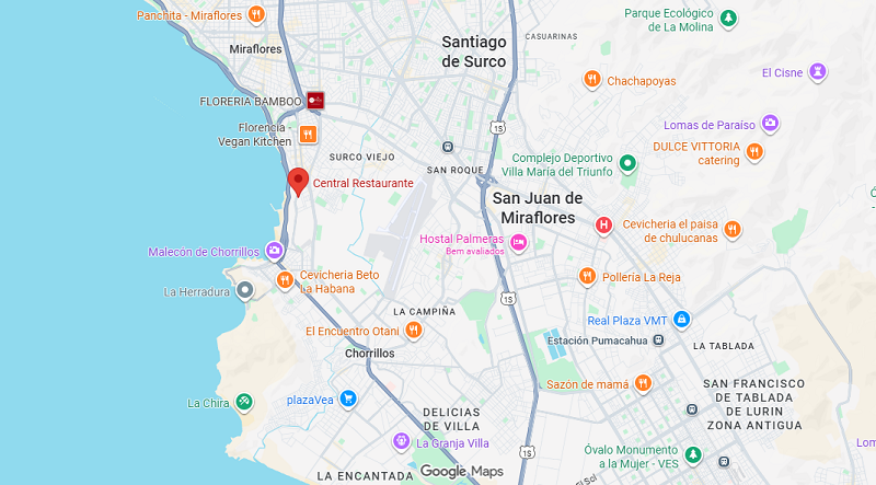 Localização do restaurante Central em Lima