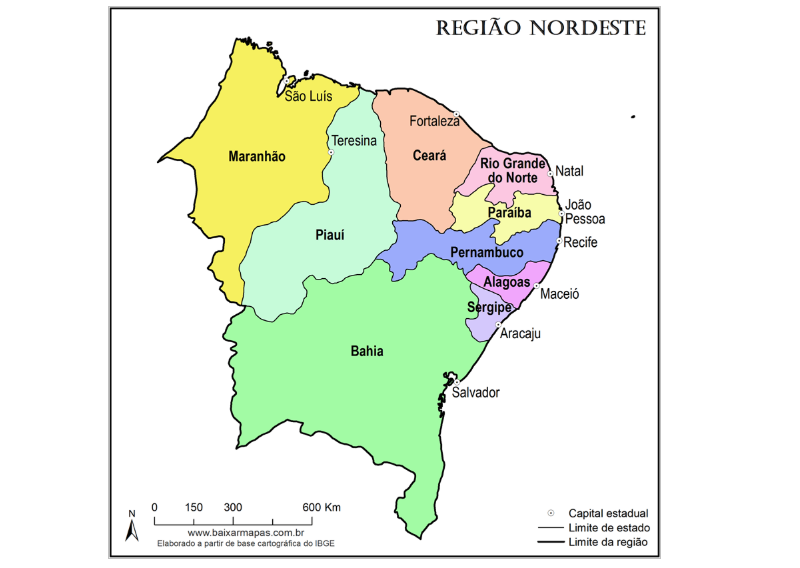 Mapa da região do Nordeste