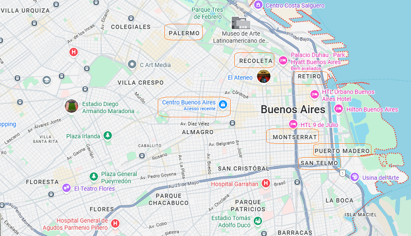 Mapa com os principais bairros para se hospedar em Buenos Aires Mapa com os principais bairros para se hospedar em Buenos Aires