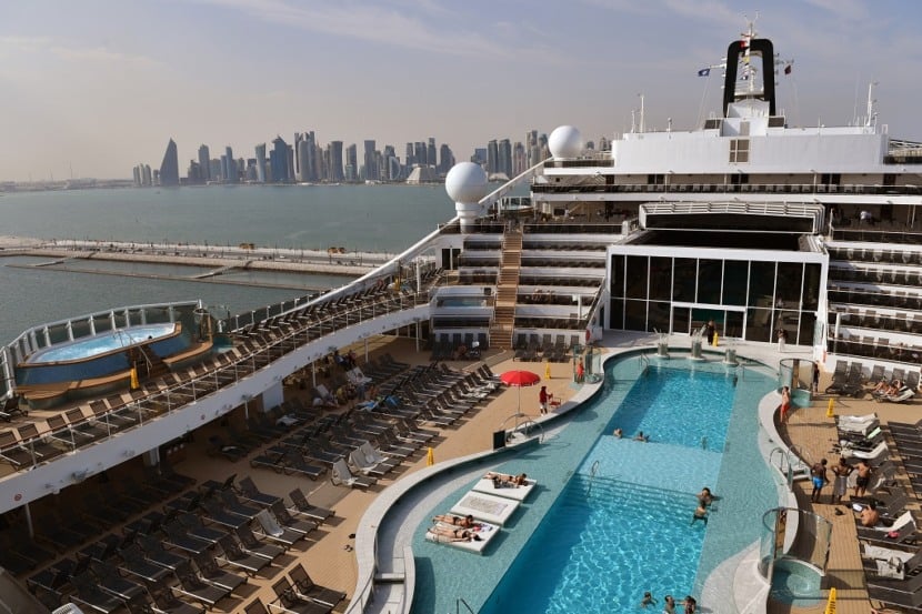 DOHA, QATAR - NOVEMBER 12: Guests relax beside the pool on board MSC World Europa ahead of tomorrow's Naming Ceremony on November 12, 2022 in Doha, Qatar. (Photo by Anthony Devlin/Getty Images for MSC Cruises)