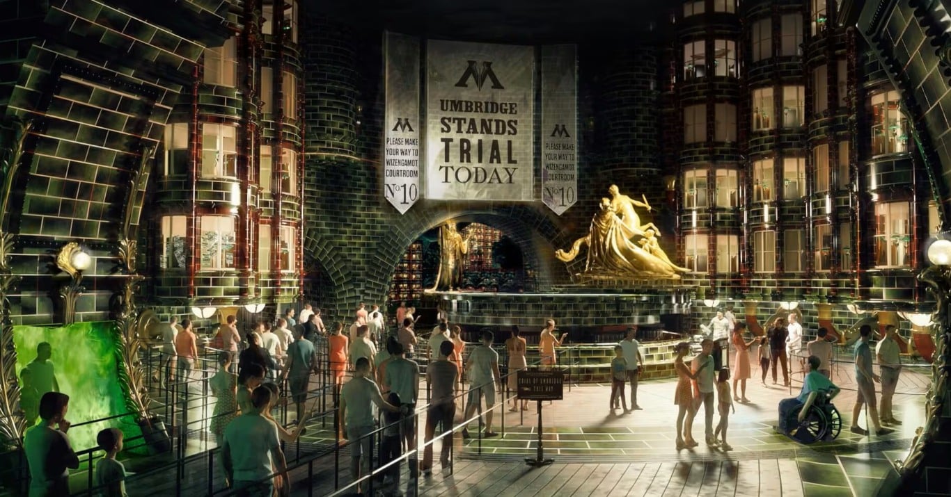 Fila da atração Harry Potter and the Battle at the Ministry no Epic Universe Fila da atração Harry Potter and the Battle at the Ministry no Epic Universe