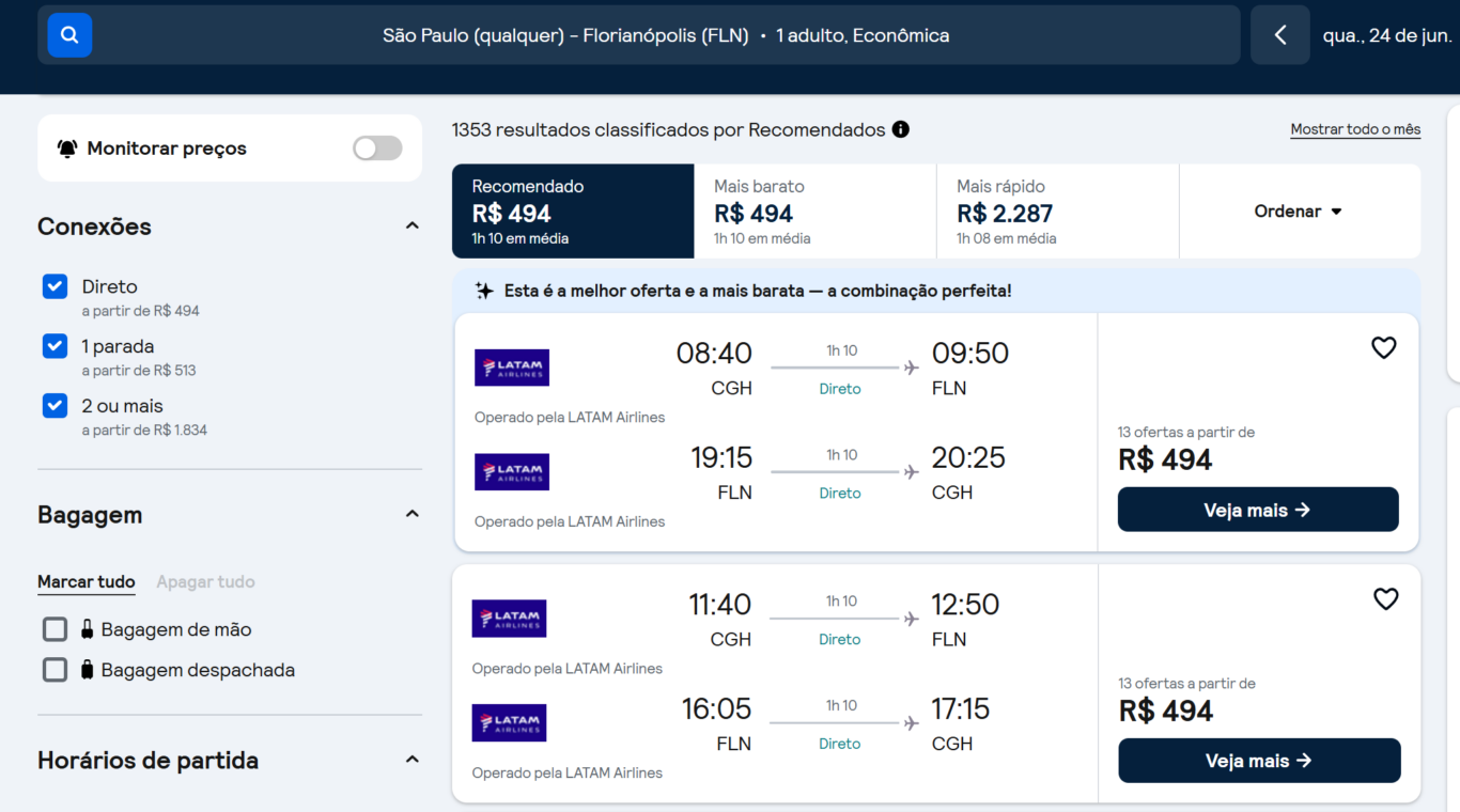 Pre&ccedil;o dos voos no comparador de passagens a&eacute;reas - Santa Catarina