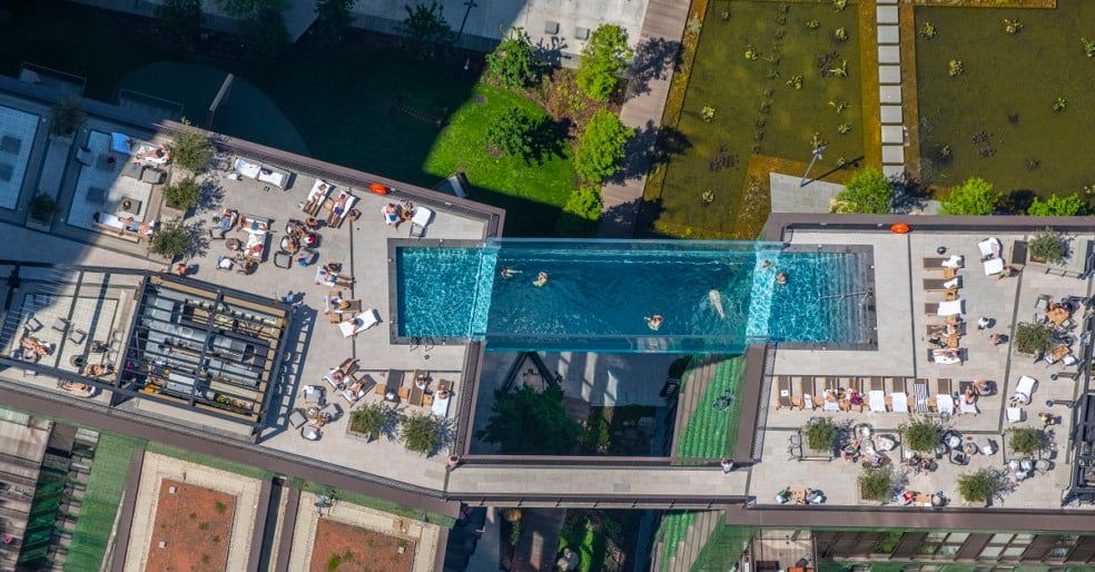 The new Sky Pool, an acrylic transparent swimming pool stretched between the 10th stories. EmbassyGardens, NineElms, London.