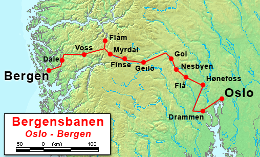 Mapa do roteiro entre Oslo, Bergen e fiordes Mapa do roteiro entre Oslo, Bergen e fiordes