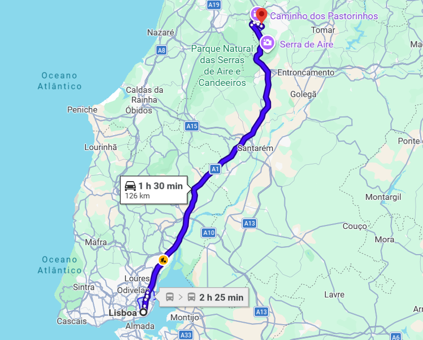 Mapa de F&aacute;tima saindo de Lisboa