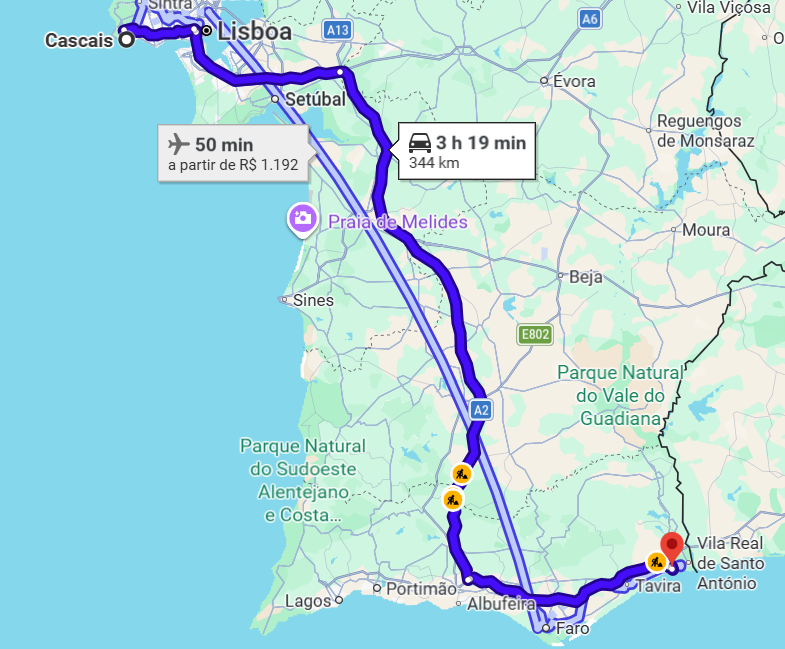 Mapa da rota de Cascais para a Praia Verde em Portugal Mapa da rota de Cascais para a Praia Verde em Portugal