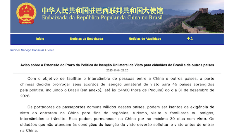 Isenção visto China Isenção visto China