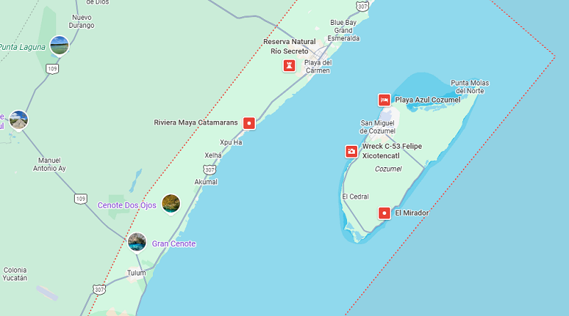 Mapa da regi&atilde;o de Riviera Maya