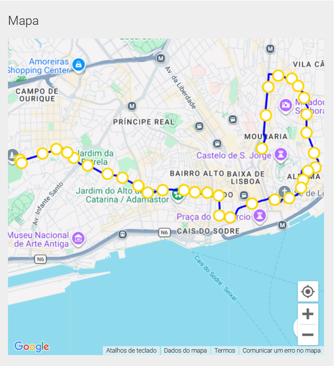 Mapa da linha 28E - Martim Moniz - Campo Ourique (Prazeres)