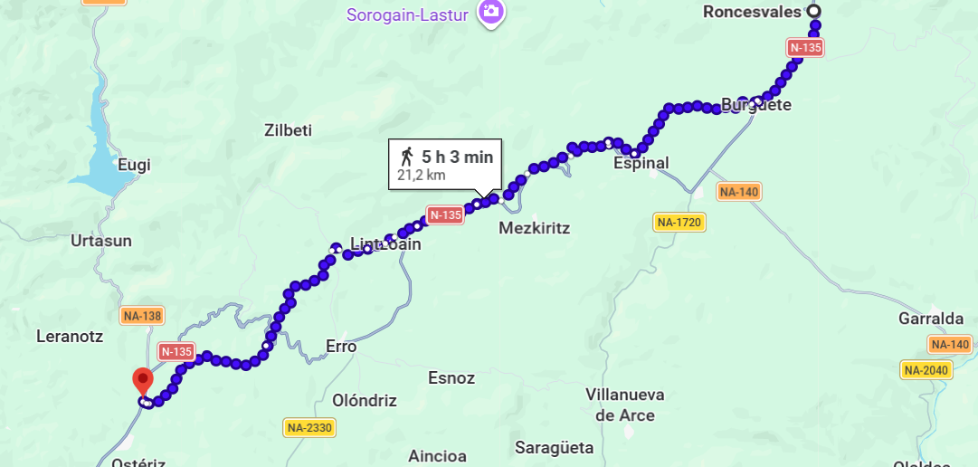 Mapa de Roncesvalles at&eacute; Zubiri