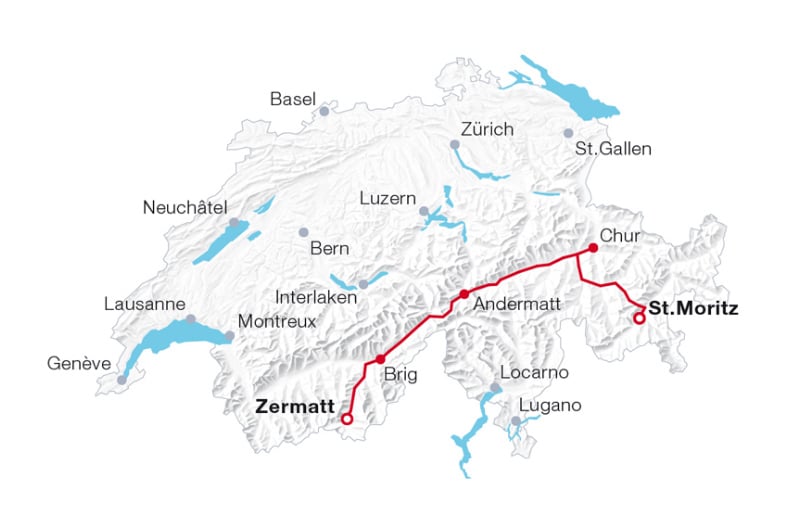 Mapa do percurso do Glacier Express Mapa do percurso do Glacier Express