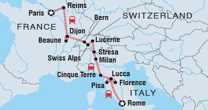 Percurso de trem - It&aacute;lia e Fran&ccedil;a