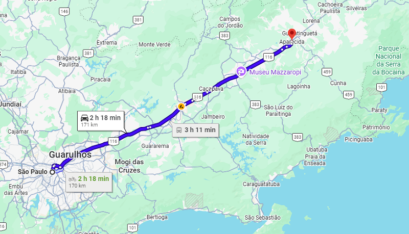 Mapa de uma viagem a partir de São Paulo para Aparecida do Norte Mapa de uma viagem a partir de São Paulo para Aparecida do Norte
